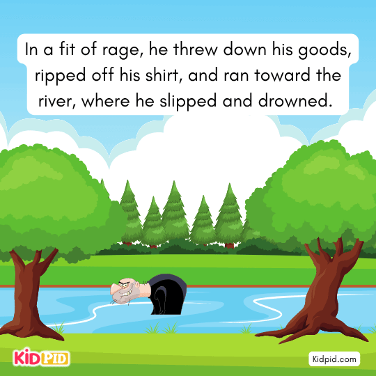 Angry peddler throws goods and rips his shirt runs to river and slips drowning