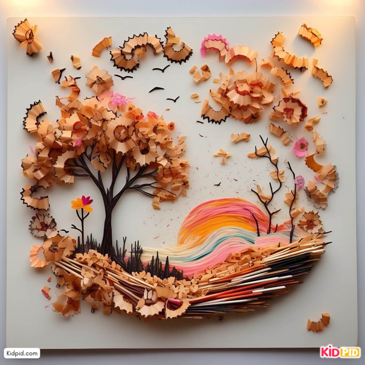 Lovely Pencil Shavings Sunset Scene With Tree Craft Idea for kids