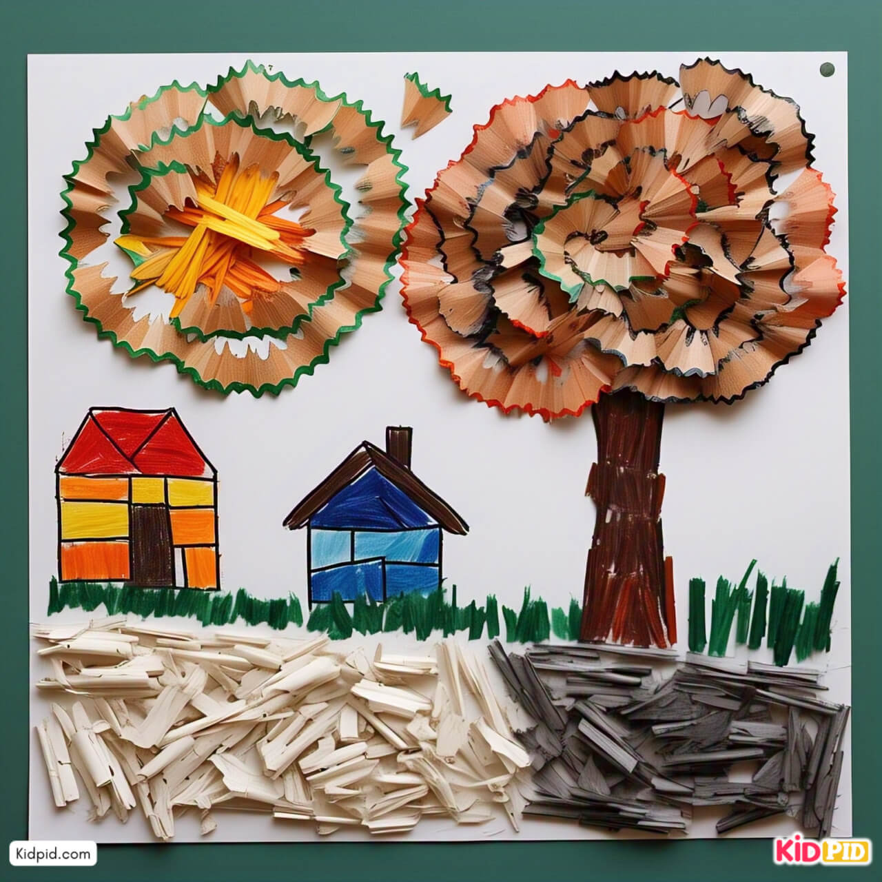 Quick Trees and Houses Art Idea for Kids Using Pencil Shavings