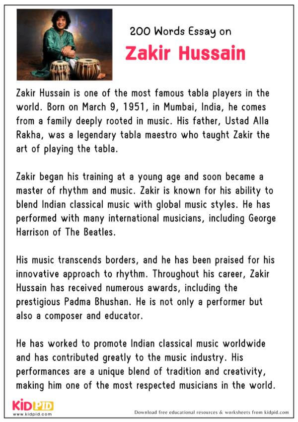 Zakir Hussain : Essay, 10 Pointers & Questions