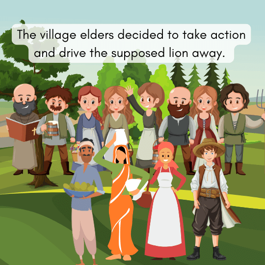 Village elders planned to chase away the fake lion- bed time story