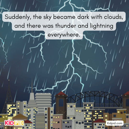 Dark clouds gathered as thunder and lightning filled the sky- book story 