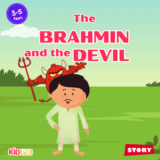 Title page of “The Brahmin and the Devil,” a kids’ moral story about danger and quick thinking.