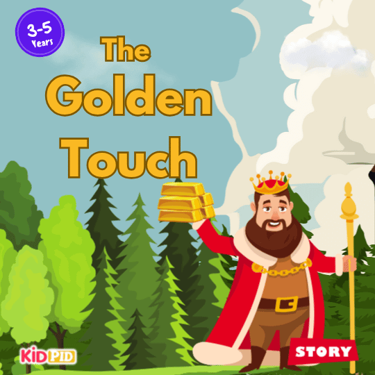 King Midas introduced in a kids’ moral story teaching lessons about greed, choices, and consequences.