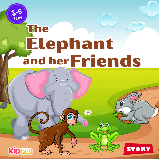 Title page of “The Elephant and Her Friends,” a kids’ moral story about friendship and kindness.