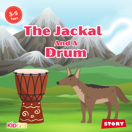 Title page of “The Jackal and the Drum,” a kids’ moral story about courage, fear, and discovering the truth.