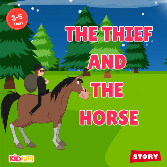Title page of “The Thief and the Horse,” moral story for kids about wit and danger.