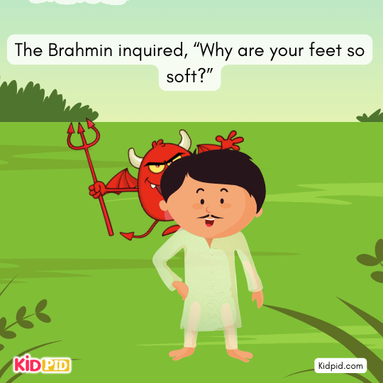 Devil explains his vow never to touch the ground until washing his feet in a lake.