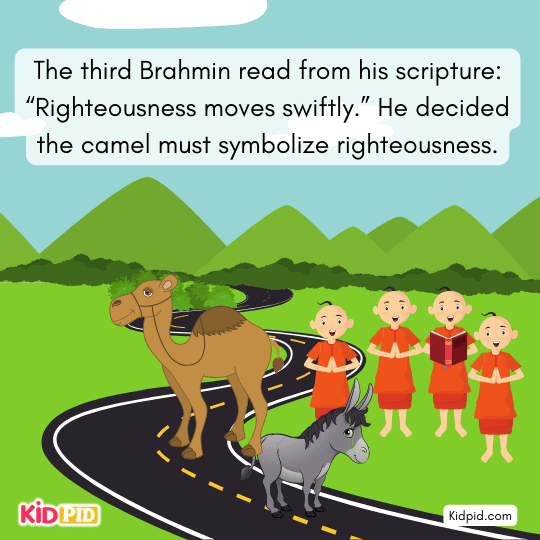 Angry donkey owner confronts the Brahmins for tying his donkey to the camel.