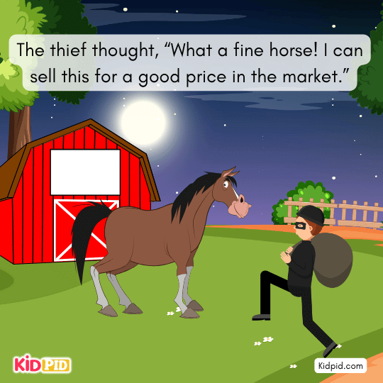 Thief mounts the creature in horse form and rides away from the stables.