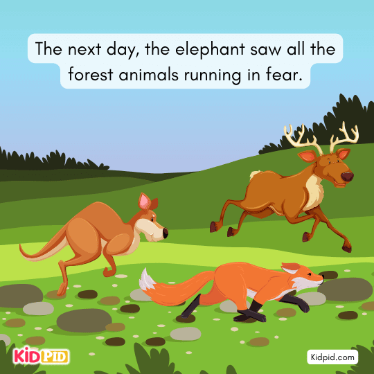 Next day, elephant sees forest animals running away in fear of danger.