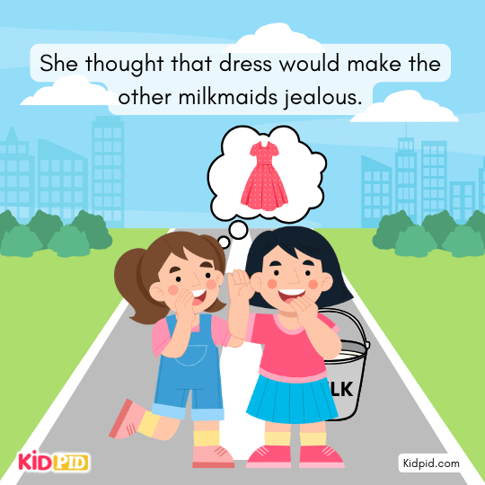 Milk spills from Molly’s pails and drenches her from head to toe on the road.