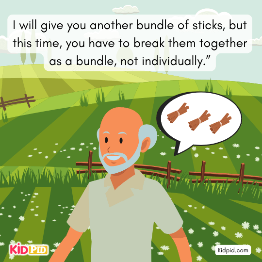 The sons struggle to break the bundle of sticks together but fail despite trying hard.