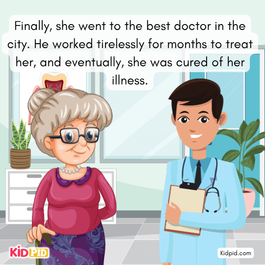 She meets the best city doctor, who treats her tirelessly until she recovers.