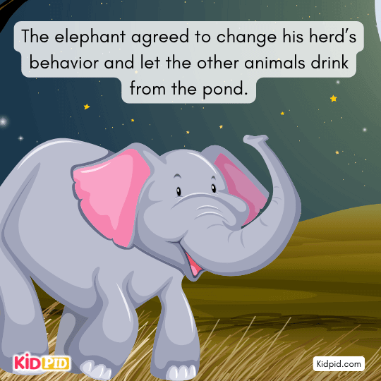 Elephant agreeing to share the pond and let all animals drink water in a moral story about fairness and cooperation.