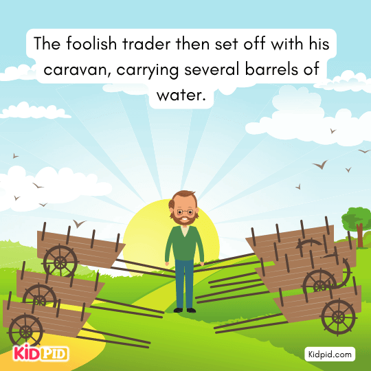 Foolish trader starting the journey with oxen and carts — picture of caravan beginning adventure in kids’ story. 