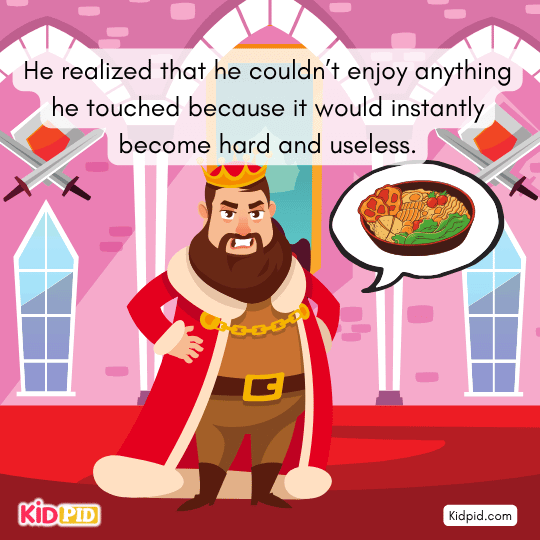 Midas regrets his golden touch, crying as he understands the downside of his greedy wish.