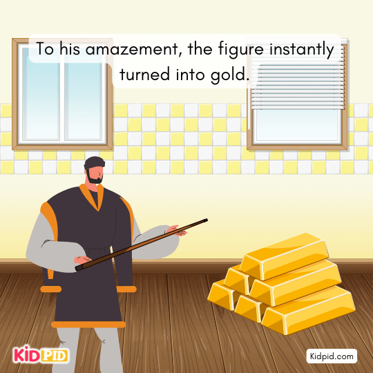 Remembering the message, Ratnakar strikes the figure on the head with a cudgel.