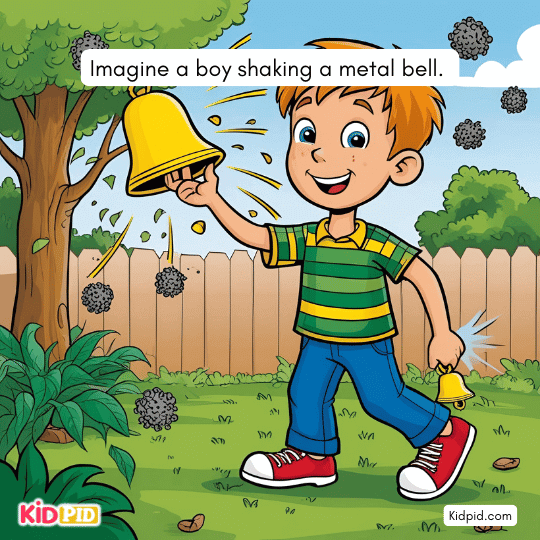 Boy shaking a metal bell – kids’ science activity showing vibration and sound creation.