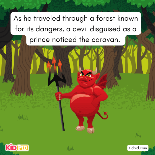 Devil disguised as prince watching the caravan — moral story image about deception and danger in forest.