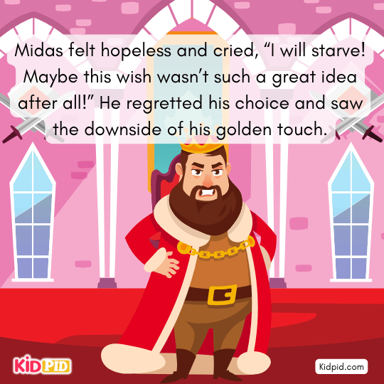 Midas’ daughter comforts him, unaware of the danger of his golden touch.