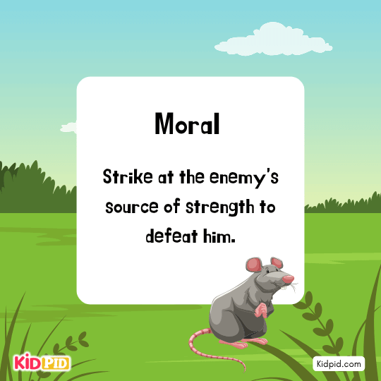 Moral: Strike at the enemy’s source of strength to defeat him—kids’ story teaching wisdom and strategy.