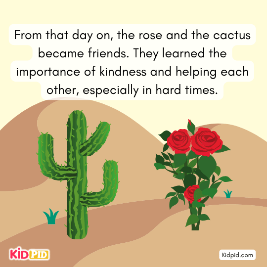 The rose and cactus become friends, learning cooperation, support, and kindness in tough times.