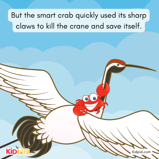 Crane proudly admits it ate the fish and plans to eat the crab next, exposing its evil plan.
