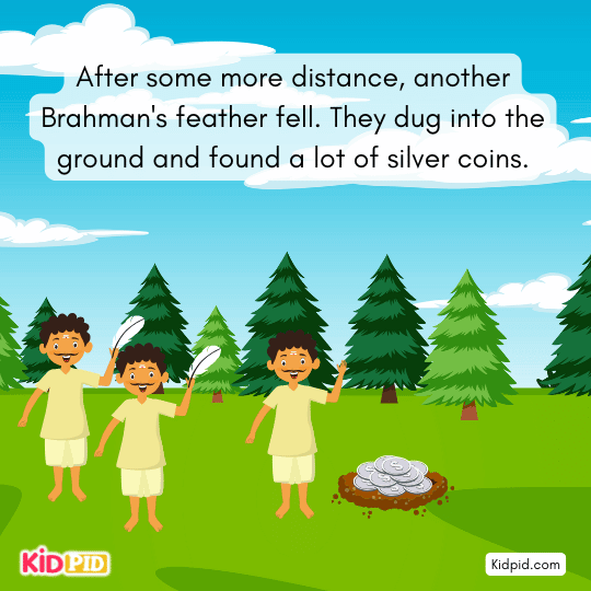 Third feather falls, revealing a large treasure of shining gold coins.