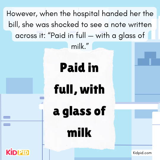 Hospital bill shows a note saying “Paid in full — with a glass of milk.”