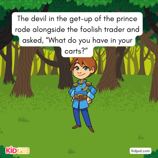 Devil riding beside the foolish trader — illustration of evil trickster testing human greed.