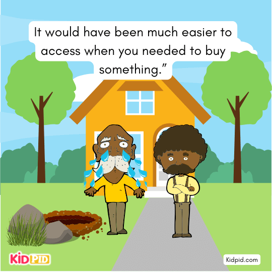 Miser admits he never intended to spend his gold, showing greed and foolishness. - short story