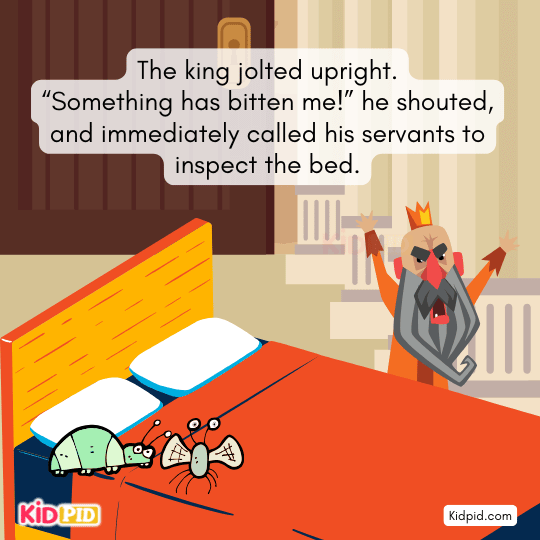 Servants search the bed while flea hides safely in a dark wooden corner.