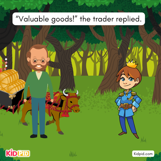 Trader proudly talking about his valuable goods — image of pride and ignorance in moral story. 