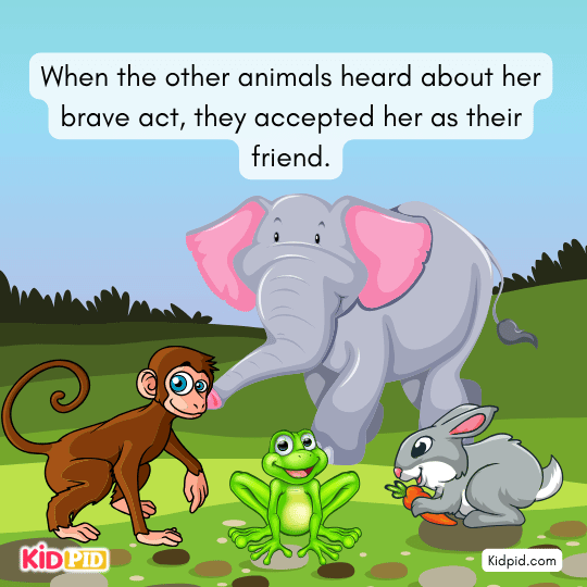 Animals accept the elephant as their friend after she saves them from the tiger.