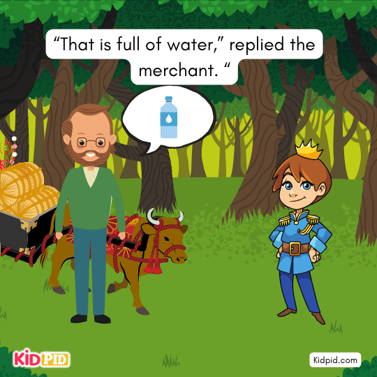 Devil pointing at barrels of water to mislead trader — picture teaching kids not to trust strangers blindly. 