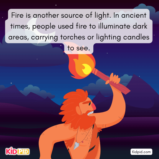 Fire as an ancient source of light, showing people using torches and candles to see in darkness – history of artificial light for kids 