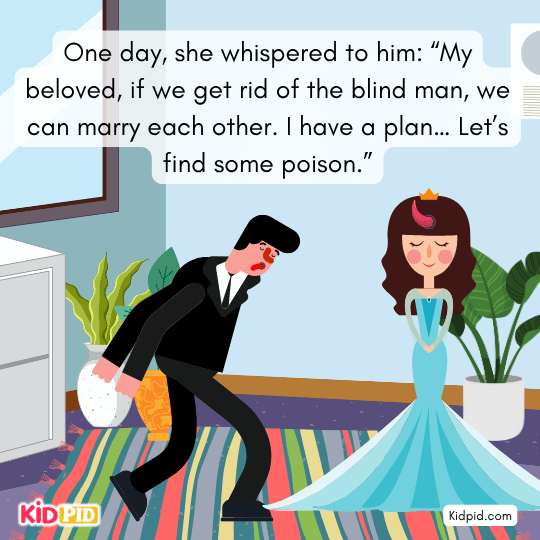 Princess cooks the snake and asks the blind man to stir the pot while she leaves.