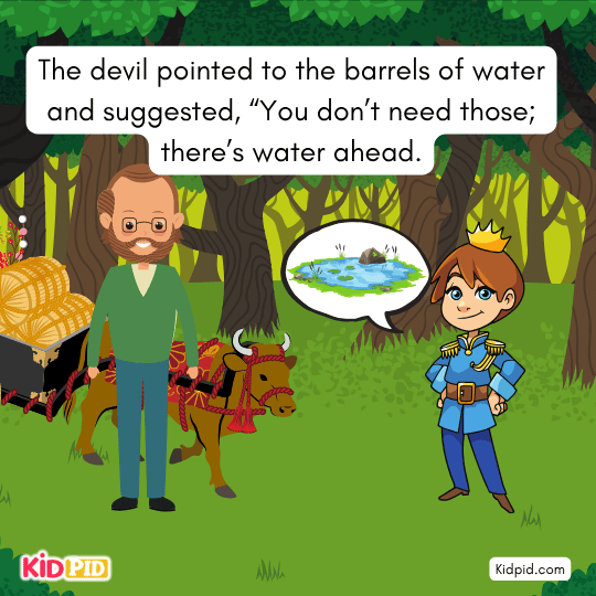 Devil suggesting water ahead to lighten the load — illustration of temptation and bad advice in moral story.