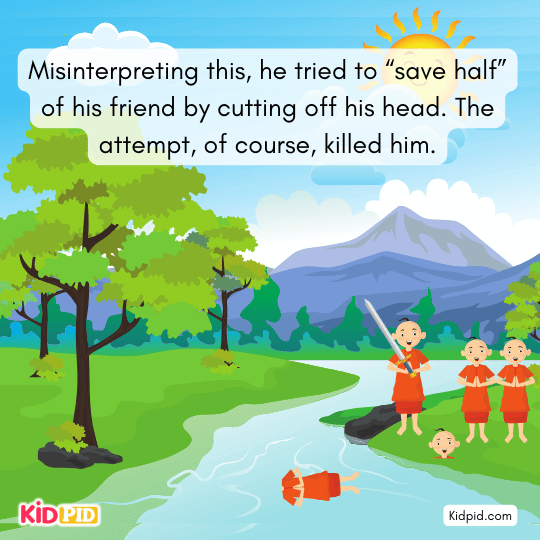 Villagers welcome the Brahmins and invite them to a feast with various foods.