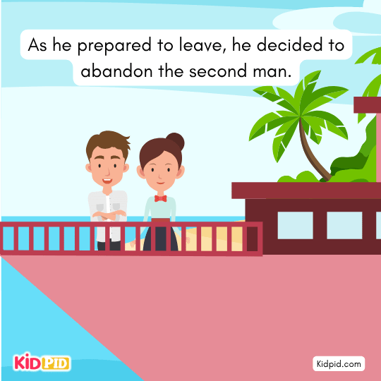 Man preparing to leave island abandoning friend selfishness illustration