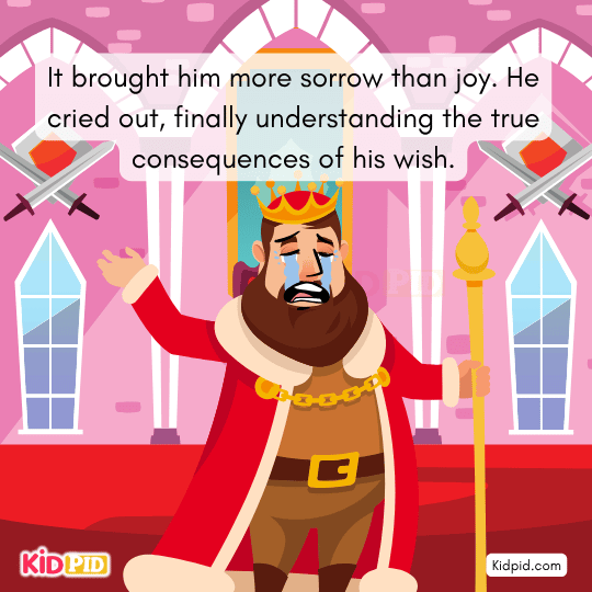 Midas cries in regret, finally seeing the consequences of greed and misguided wishes.