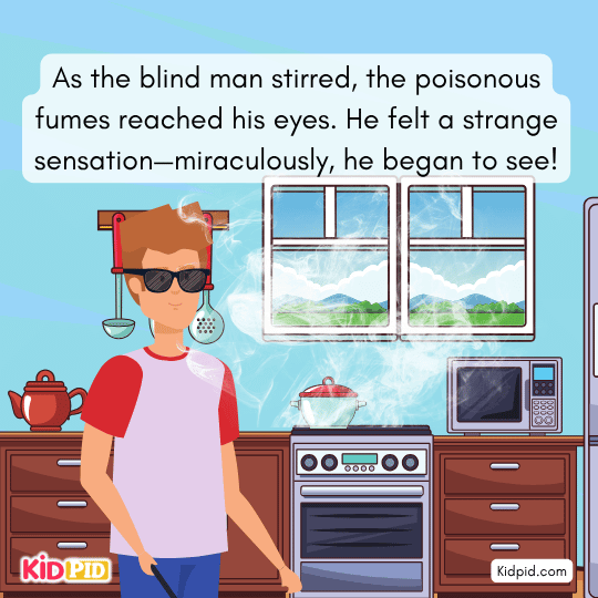 Princess and hunchback return, pretending the snake dish is fish for the blind man.