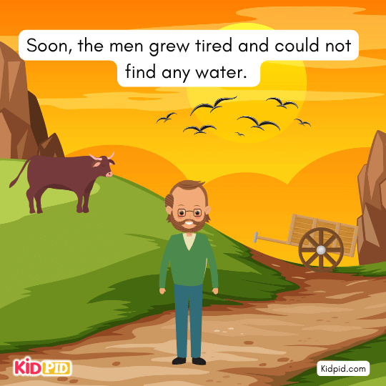 Caravan suffering from thirst under hot sun — image depicting consequences of foolishness in kids’ story.