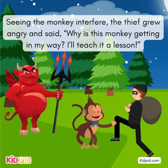 Thief slams the monkey by its tail, showing his unexpected strength.