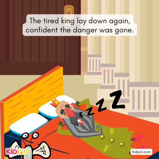 As soon as the king sleeps, Mr. Flea sneaks out of hiding silently.