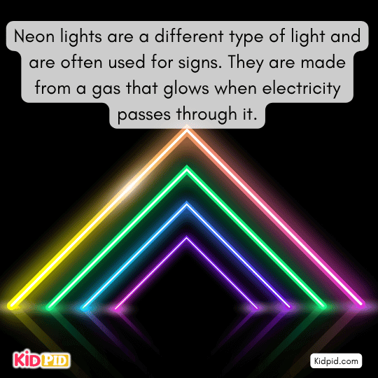 Bright neon lights used in colorful signs, made from gases that glow with electric current – physics of light for kids 