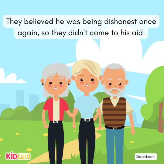 Villagers doubting boy’s words – lying consequences tale.