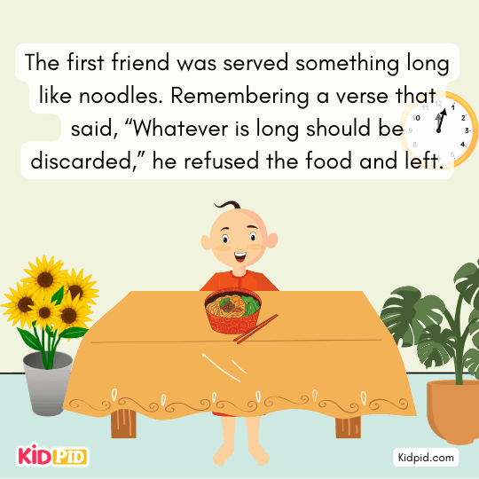 Second Brahmin refuses pancakes after recalling a scripture warning about spreading things.