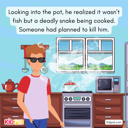 Blind man confronts them angrily after uncovering their dangerous plan.